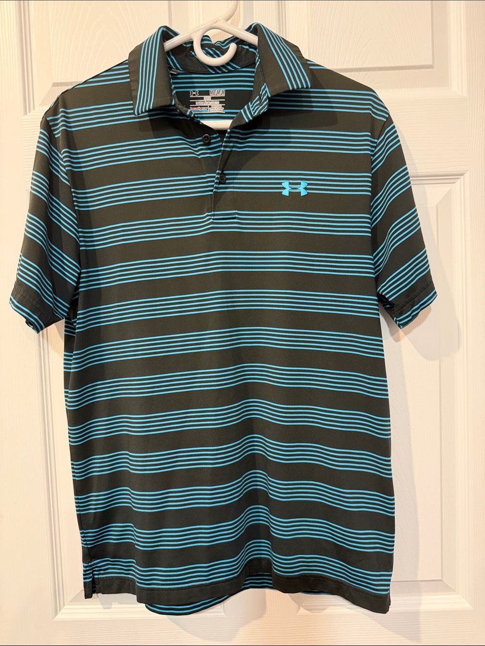Under Armour Men's Black and Teal Striped Performance Polo